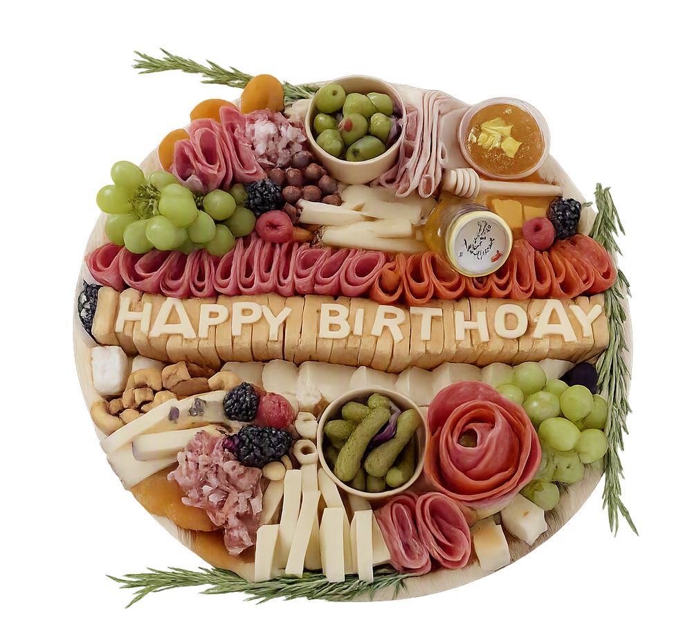A gift-ready round charcuterie board with cheeses, meats, fresh fruit, and accompaniments