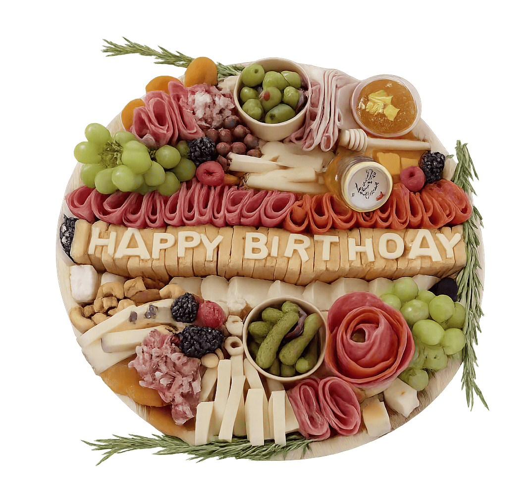 Medium charcuterie board with Happy Birthday cheese lettering, crackers, salami roses, grapes, olives, and pickles.