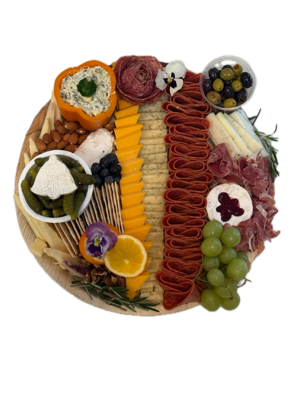 Professionally styled medium charcuterie board on round wooden platter for Newport Beach catering